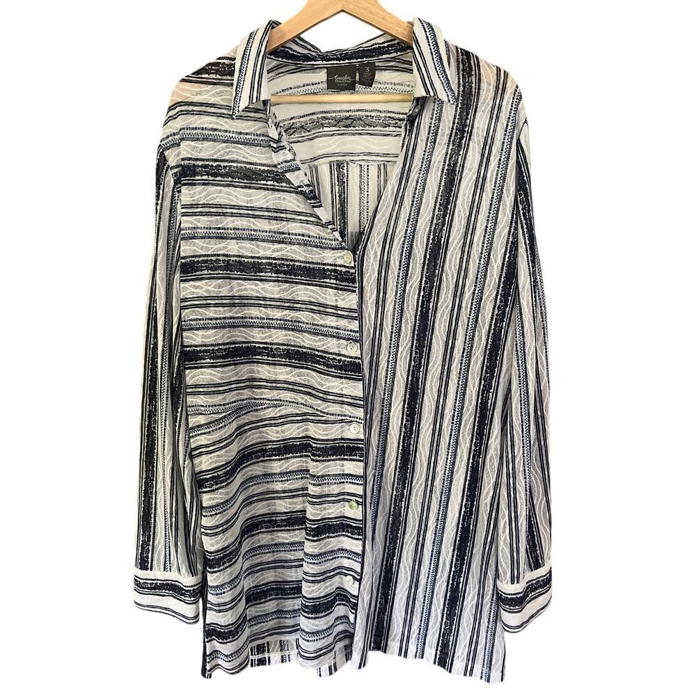 Chico's‎ Travelers Lace Tunic Striped Blue White Stretchy Top Sz 3 (US XL/16)